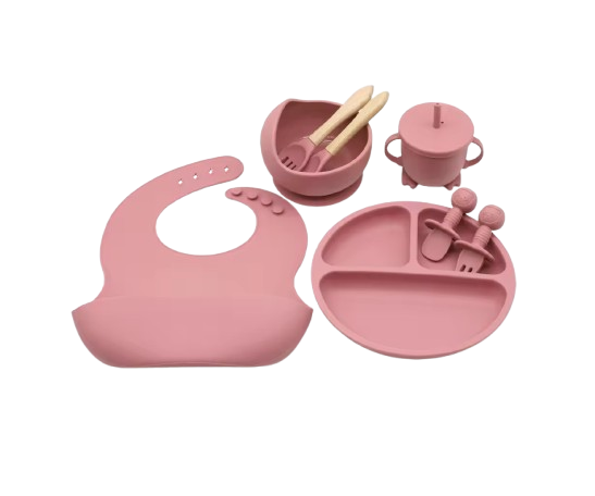 The Lux - Baby Silicone Feeding Set 8PCS Bib Plate Bowl Cup & Wooden Spoon Fork