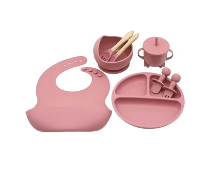 The Lux - Baby Silicone Feeding Set 8PCS Bib Plate Bowl Cup & Wooden Spoon Fork
