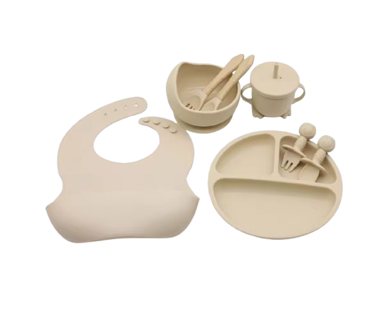 The Lux - Baby Silicone Feeding Set 8PCS Bib Plate Bowl Cup & Wooden Spoon Fork