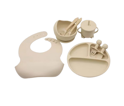 The Lux - Baby Silicone Feeding Set 8PCS Bib Plate Bowl Cup & Wooden Spoon Fork