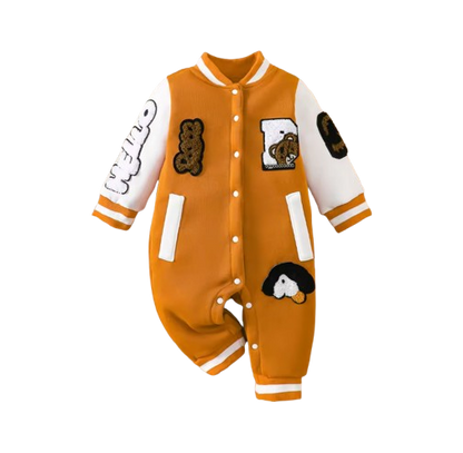The Duke - Baby Boy Fleece-Lined Baseball Romper Bear & Penguin Embroidered Long Sleeve Autumn Winter Outfit