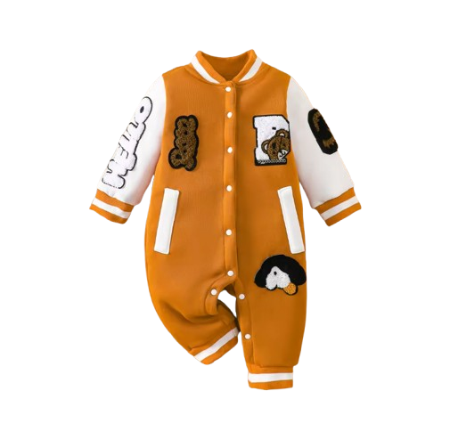 The Duke - Baby Boy Fleece-Lined Baseball Romper Bear & Penguin Embroidered Long Sleeve Autumn Winter Outfit