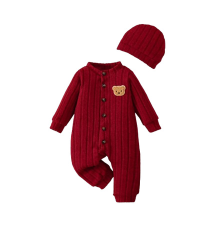 The Mac - Baby Boy Red Bear Romper & Hat Set Long Sleeve Autumn Winter One Piece Outfit