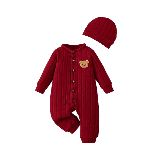 The Mac - Baby Boy Red Bear Romper & Hat Set Long Sleeve Autumn Winter One Piece Outfit