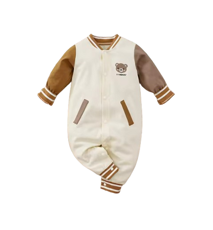 The Ryland - Unisex Baby Teddy Bear Embroidered Baseball Romper Long Sleeve Spring Autumn One Piece Outfit