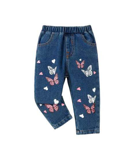 The Skyler - Girls Butterfly Print Denim Jeans Casual Wear-Resistant Pants for Toddlers & Kids