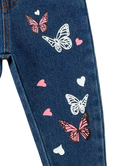 The Skyler - Girls Butterfly Print Denim Jeans Casual Wear-Resistant Pants for Toddlers & Kids