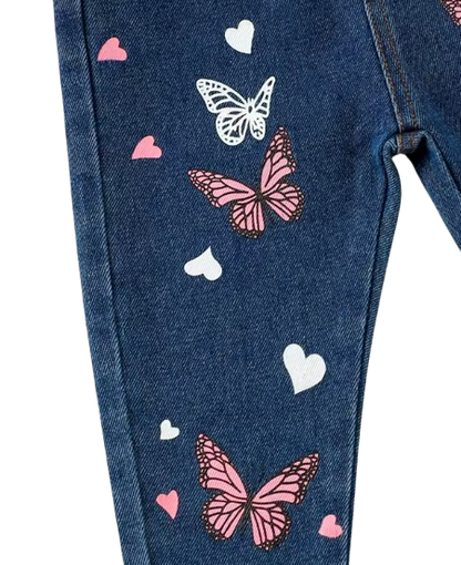 The Skyler - Girls Butterfly Print Denim Jeans Casual Wear-Resistant Pants for Toddlers & Kids
