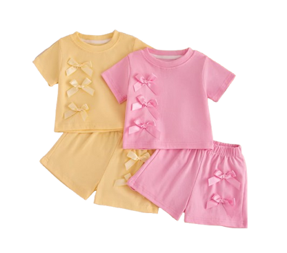 The Yaretzi - Baby Girl Bow Top & Shorts Set Summer Short Sleeve Solid Color 2PCS Beach Outfit