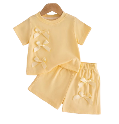 The Yaretzi - Baby Girl Bow Top & Shorts Set Summer Short Sleeve Solid Color 2PCS Beach Outfit