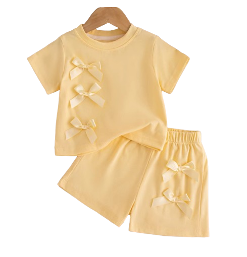The Yaretzi - Baby Girl Bow Top & Shorts Set Summer Short Sleeve Solid Color 2PCS Beach Outfit