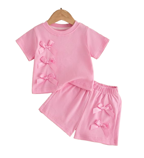 The Yaretzi - Baby Girl Bow Top & Shorts Set Summer Short Sleeve Solid Color 2PCS Beach Outfit