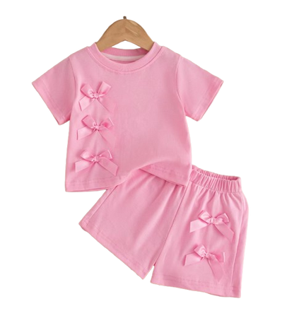 The Yaretzi - Baby Girl Bow Top & Shorts Set Summer Short Sleeve Solid Color 2PCS Beach Outfit