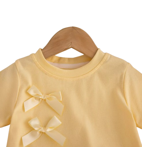 The Yaretzi - Baby Girl Bow Top & Shorts Set Summer Short Sleeve Solid Color 2PCS Beach Outfit