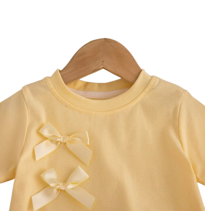 The Yaretzi - Baby Girl Bow Top & Shorts Set Summer Short Sleeve Solid Color 2PCS Beach Outfit