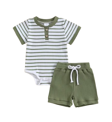 The Morrie - Unisex Baby 2PCS Ribbed Striped Short Sleeve Romper & Shorts Summer Set