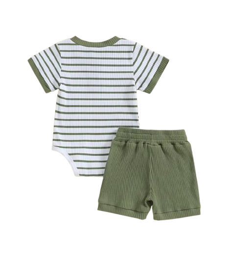 The Morrie - Unisex Baby 2PCS Ribbed Striped Short Sleeve Romper & Shorts Summer Set