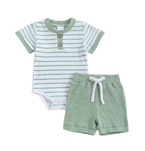 The Morrie - Unisex Baby 2PCS Ribbed Striped Short Sleeve Romper & Shorts Summer Set