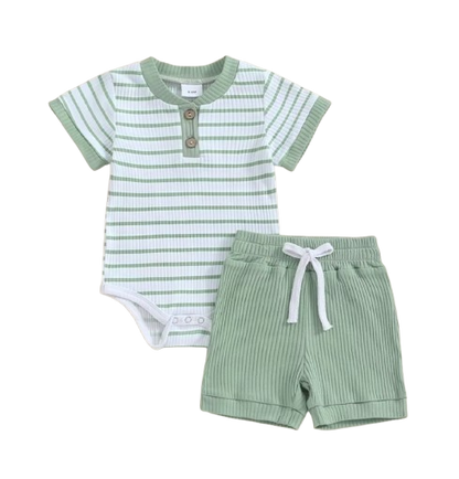 The Morrie - Unisex Baby 2PCS Ribbed Striped Short Sleeve Romper & Shorts Summer Set