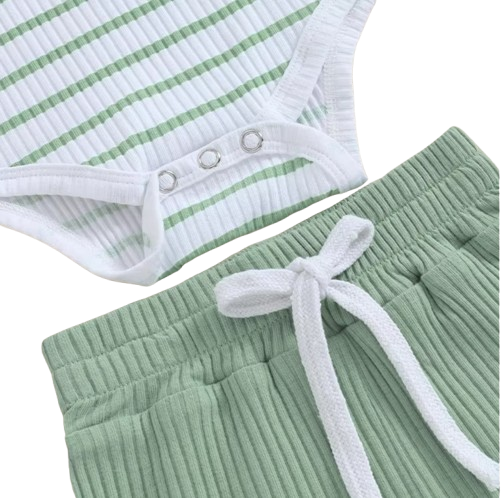 The Morrie - Unisex Baby 2PCS Ribbed Striped Short Sleeve Romper & Shorts Summer Set