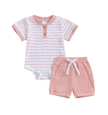 The Morrie - Unisex Baby 2PCS Ribbed Striped Short Sleeve Romper & Shorts Summer Set