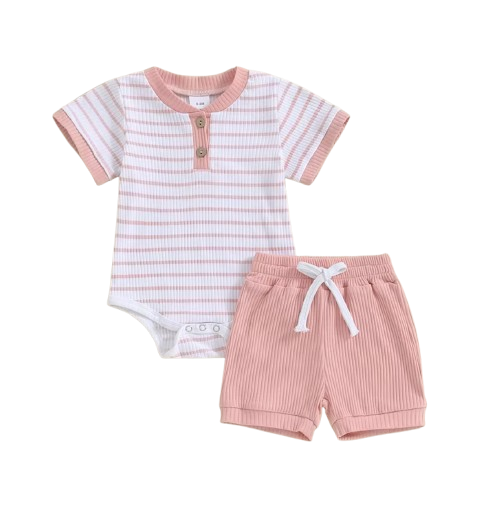 The Morrie - Unisex Baby 2PCS Ribbed Striped Short Sleeve Romper & Shorts Summer Set