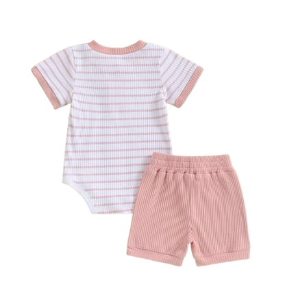 The Morrie - Unisex Baby 2PCS Ribbed Striped Short Sleeve Romper & Shorts Summer Set