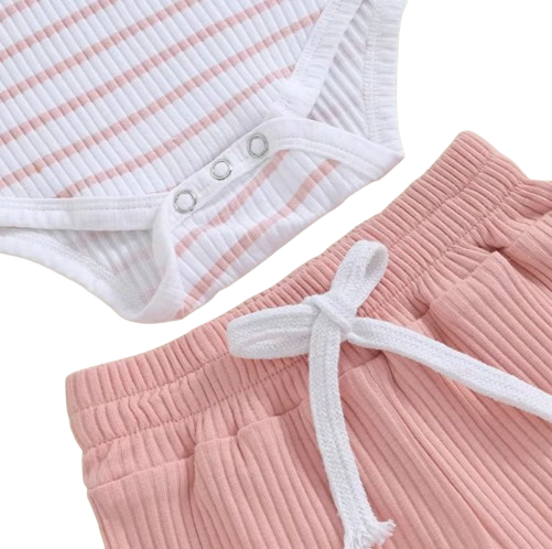 The Morrie - Unisex Baby 2PCS Ribbed Striped Short Sleeve Romper & Shorts Summer Set