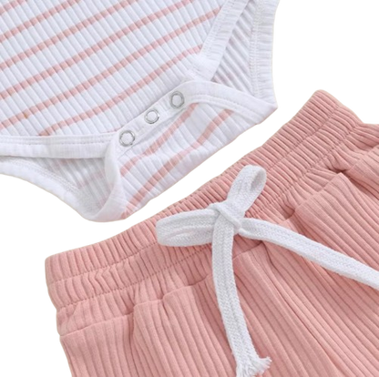 The Morrie - Unisex Baby 2PCS Ribbed Striped Short Sleeve Romper & Shorts Summer Set