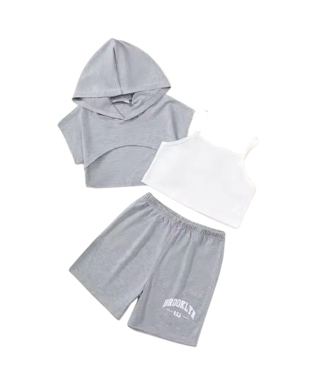 The Aliza - Girls Summer 3PCS Hoodie, Tank Top & Shorts Comfortable Clothing Set