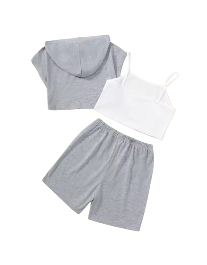 The Aliza - Girls Summer 3PCS Hoodie, Tank Top & Shorts Comfortable Clothing Set
