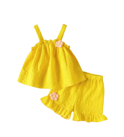 The Lillie - Girls Yellow Jacquard Floral Top & Ruffle Shorts Summer Clothing Set