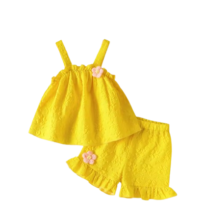 The Lillie - Girls Yellow Jacquard Floral Top & Ruffle Shorts Summer Clothing Set