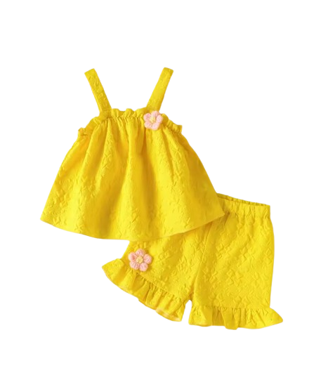 The Lillie - Girls Yellow Jacquard Floral Top & Ruffle Shorts Summer Clothing Set