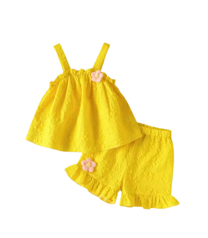 The Lillie - Girls Yellow Jacquard Floral Top & Ruffle Shorts Summer Clothing Set