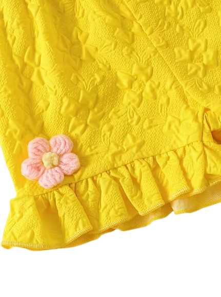 The Lillie - Girls Yellow Jacquard Floral Top & Ruffle Shorts Summer Clothing Set