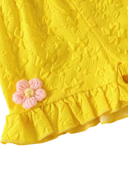 The Lillie - Girls Yellow Jacquard Floral Top & Ruffle Shorts Summer Clothing Set