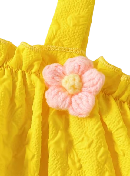 The Lillie - Girls Yellow Jacquard Floral Top & Ruffle Shorts Summer Clothing Set