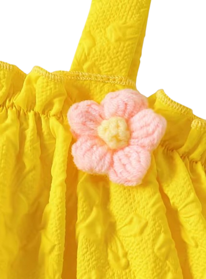 The Lillie - Girls Yellow Jacquard Floral Top & Ruffle Shorts Summer Clothing Set