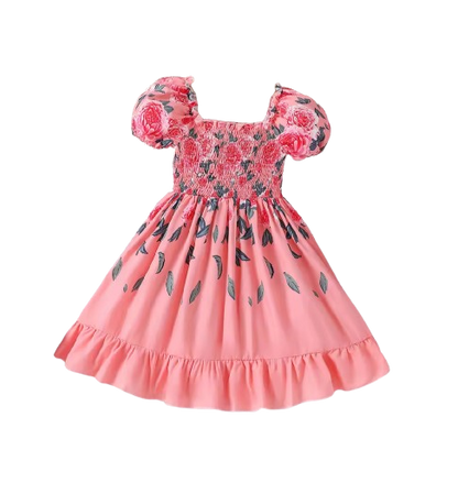 The Rosalina - Girls Pink Rose Print Summer Dress Casual Vacation Party Princess Outfit