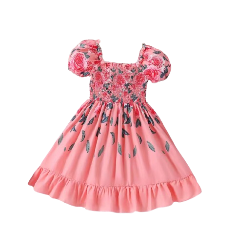 The Rosalina - Girls Pink Rose Print Summer Dress Casual Vacation Party Princess Outfit