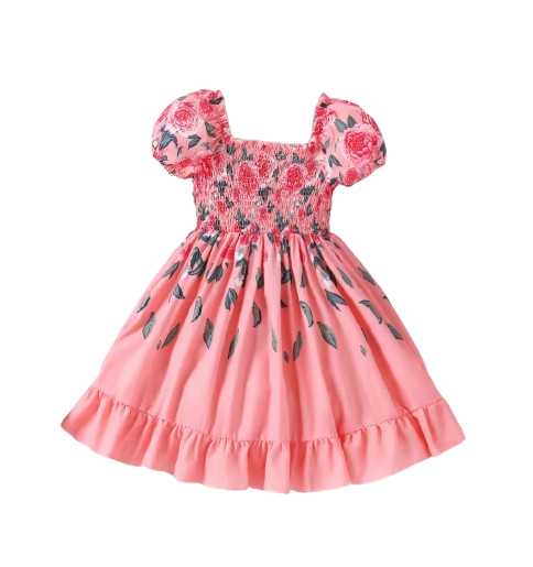 The Rosalina - Girls Pink Rose Print Summer Dress Casual Vacation Party Princess Outfit
