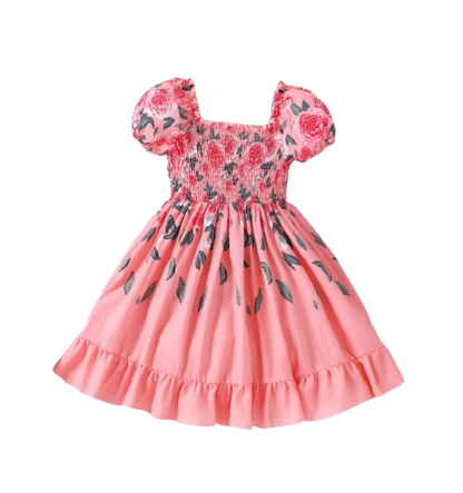 The Rosalina - Girls Pink Rose Print Summer Dress Casual Vacation Party Princess Outfit