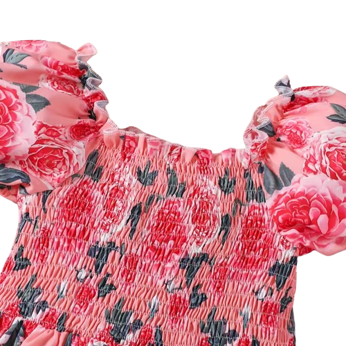 The Rosalina - Girls Pink Rose Print Summer Dress Casual Vacation Party Princess Outfit