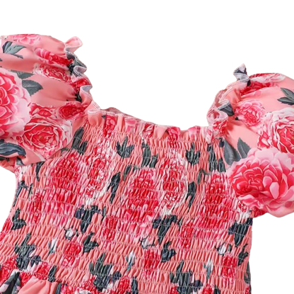The Rosalina - Girls Pink Rose Print Summer Dress Casual Vacation Party Princess Outfit