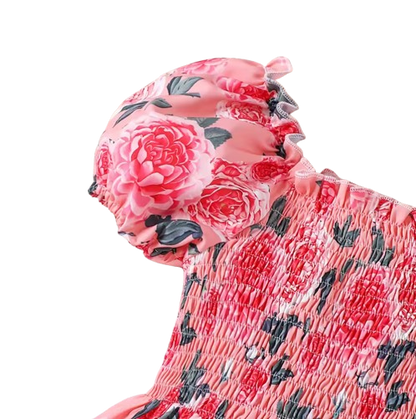 The Rosalina - Girls Pink Rose Print Summer Dress Casual Vacation Party Princess Outfit