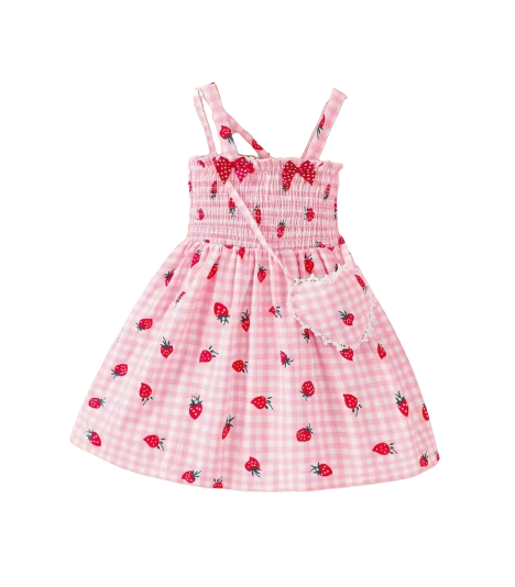 The Sasha - Girls Pink Strawberry Print Strap Dress Summer Casual Holiday Princess Dress