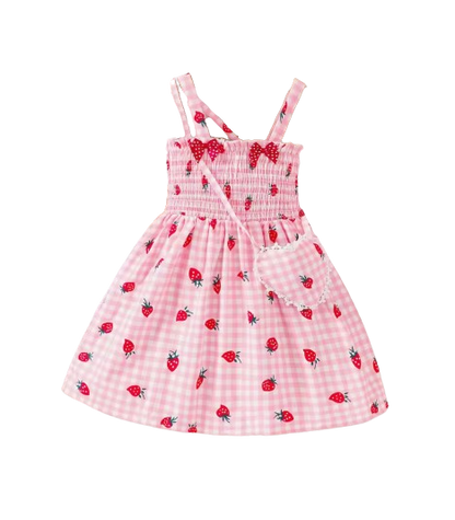 The Sasha - Girls Pink Strawberry Print Strap Dress Summer Casual Holiday Princess Dress