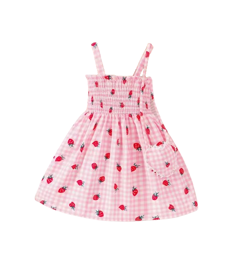 The Sasha - Girls Pink Strawberry Print Strap Dress Summer Casual Holiday Princess Dress