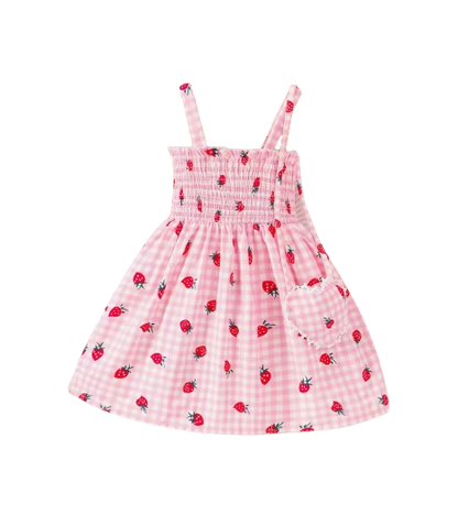 The Sasha - Girls Pink Strawberry Print Strap Dress Summer Casual Holiday Princess Dress